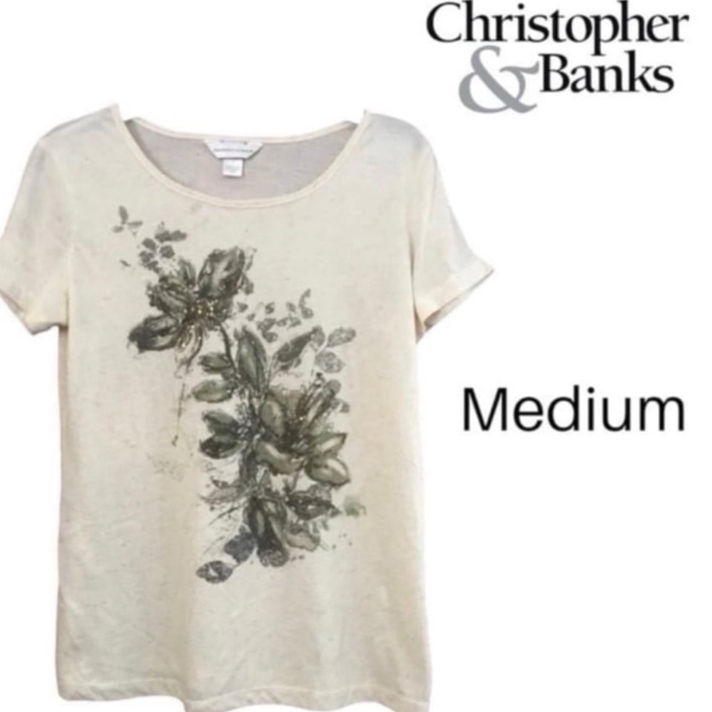 Neutral summer tee with floral and sequin decor by Christopher & Banks